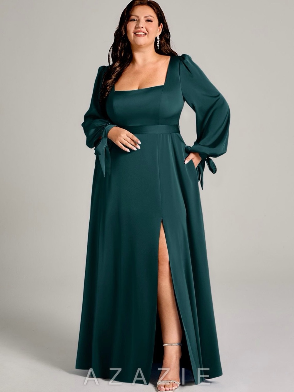 Azazie Deep Green Square Neck Long Sleeve Maxi Dress